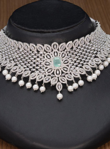 Zircon choker mint green and cz stones with pearl hangings - {{ collection.title }} by Prashanti Sarees