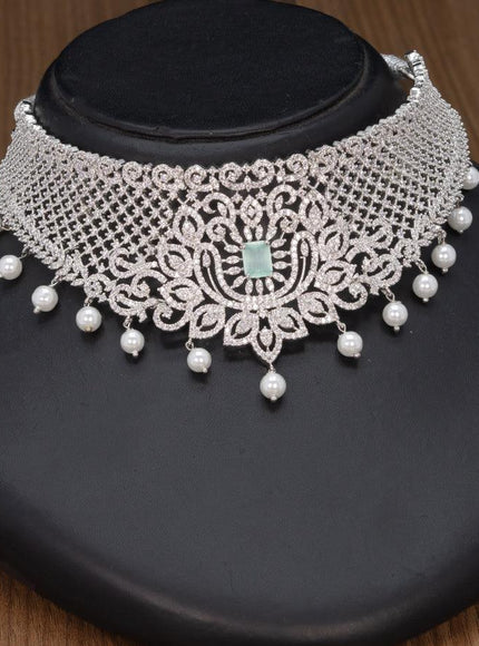 Zircon choker mint green and cz stones with pearl hangings - {{ collection.title }} by Prashanti Sarees