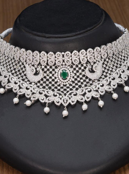 Zircon choker peacock design emerald and cz stones with pearl hangings - {{ collection.title }} by Prashanti Sarees