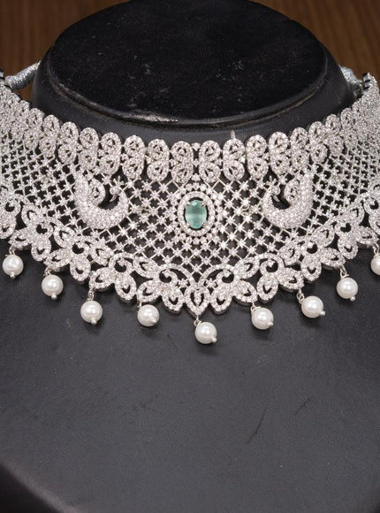 Zircon choker peacock design mint green and cz stones with pearl hangings - {{ collection.title }} by Prashanti Sarees