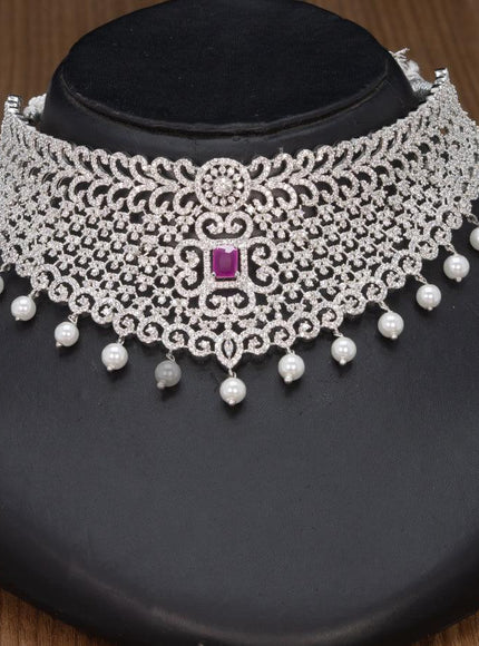 Zircon choker ruby and cz stones with pearl hangings - {{ collection.title }} by Prashanti Sarees