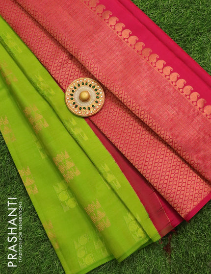 Pure Kanchivaram silk saree green and pink with emboss & copper zari buttas in borderless style