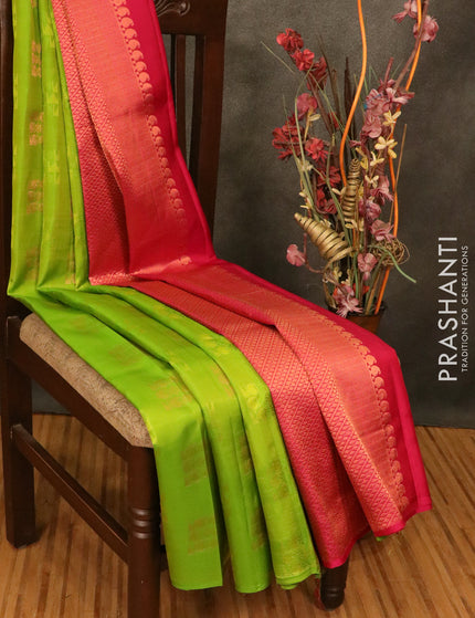 Pure Kanchivaram silk saree green and pink with emboss & copper zari buttas in borderless style