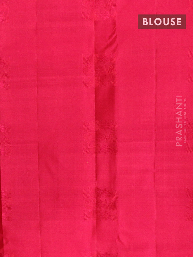 Pure Kanchivaram silk saree green and pink with emboss & copper zari buttas in borderless style