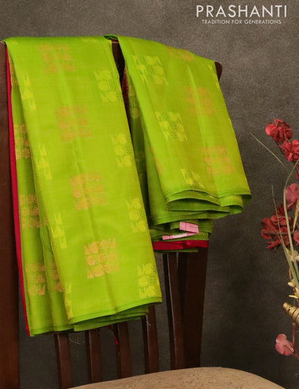 Pure Kanchivaram silk saree green and pink with emboss & copper zari buttas in borderless style