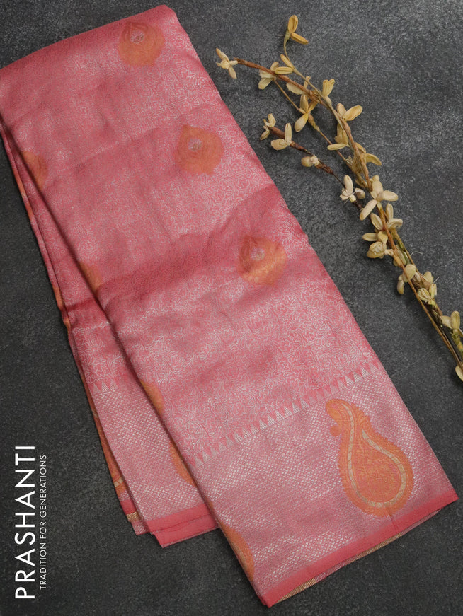 Banarasi Semi silk saree peach pink with allover silver zari weaves and silver zari woven border