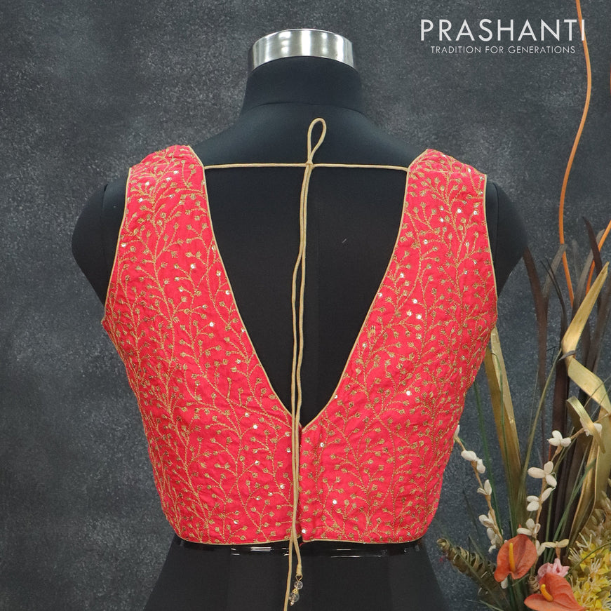 Readymade raw silk sleeveless blouse pink and arri work with V shape neck pattern and back open