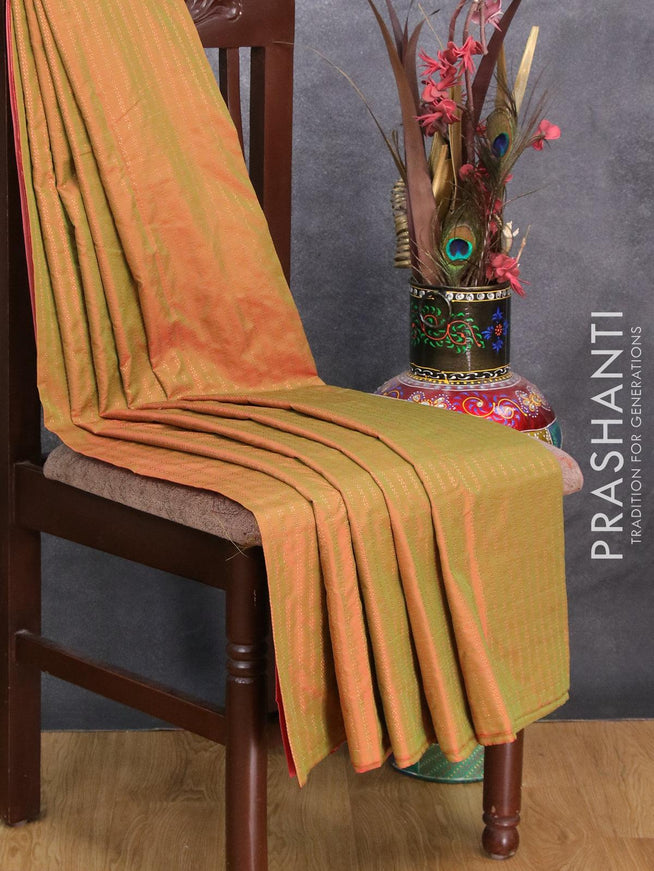 Arani semi silk saree dual shade of green and red shade with allover zari weaves in borderless style - {{ collection.title }} by Prashanti Sarees