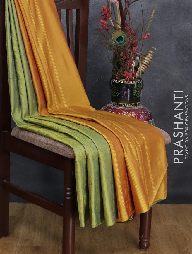 Arani semi silk saree dual shade of green and yellow shade with allover zari weaves in borderless style - {{ collection.title }} by Prashanti Sarees