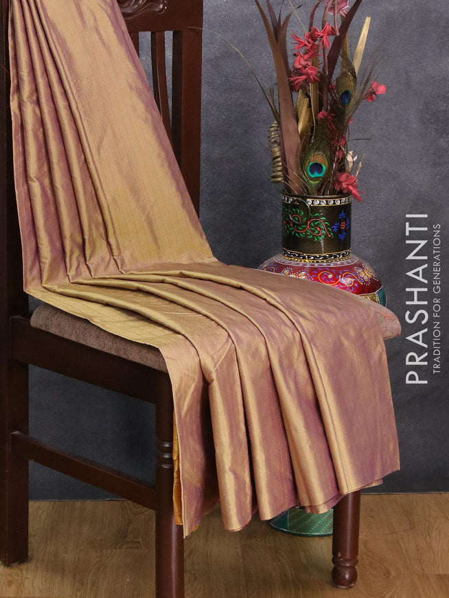 Arani semi silk saree dual shade of greenish purple and mango yellow with allover copper zari weaves in borderless style - {{ collection.title }} by Prashanti Sarees