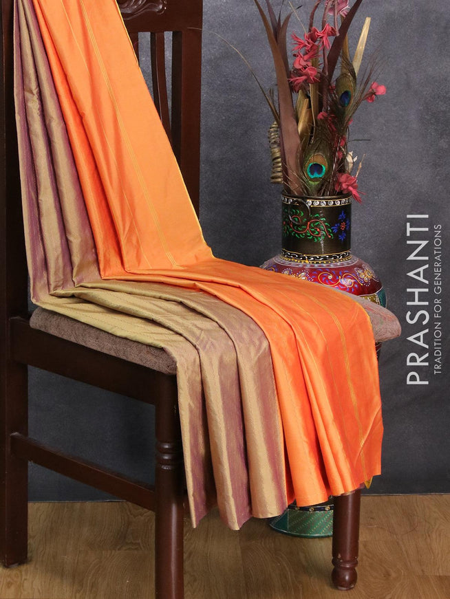 Arani semi silk saree dual shade of greenish purple and mango yellow with allover copper zari weaves in borderless style - {{ collection.title }} by Prashanti Sarees