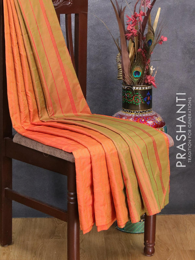 Arani semi silk saree dual shade of red shade and dual shade of green with allover zari weaves in borderless style - {{ collection.title }} by Prashanti Sarees