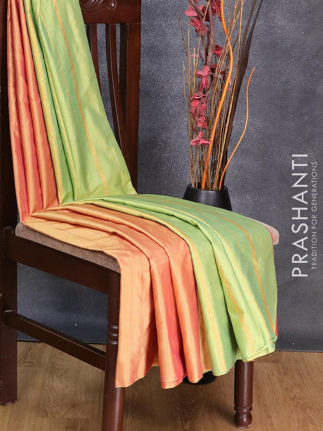 Arani semi silk saree dual shade of yellow and green shade with allover copper zari weaves in borderless style - {{ collection.title }} by Prashanti Sarees