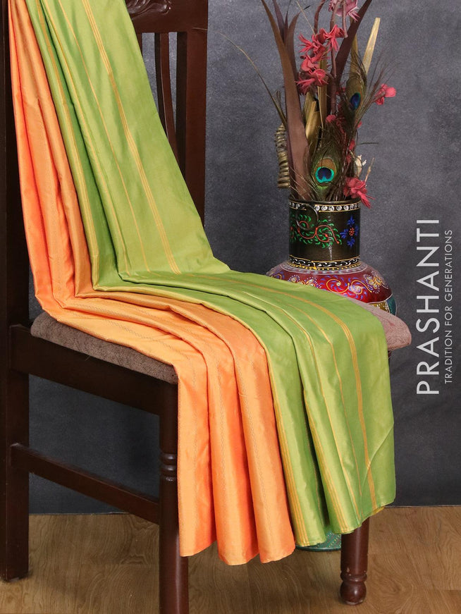 Arani semi silk saree dual shade of yellow and light green with allover copper zari weaves in borderless style - {{ collection.title }} by Prashanti Sarees