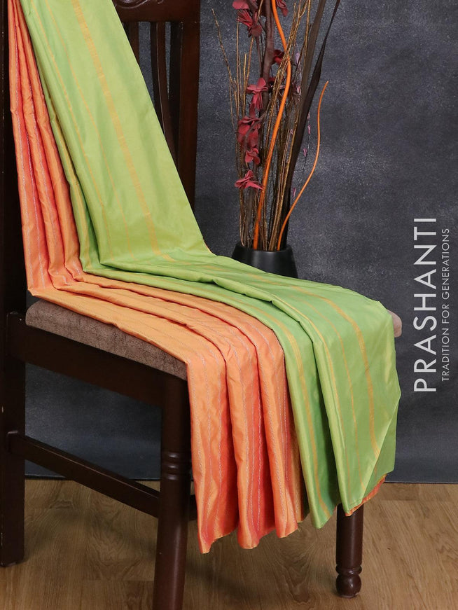 Arani semi silk saree dual shade of yellow pink and dual shade of green with allover silver zari weaves in borderless style - {{ collection.title }} by Prashanti Sarees