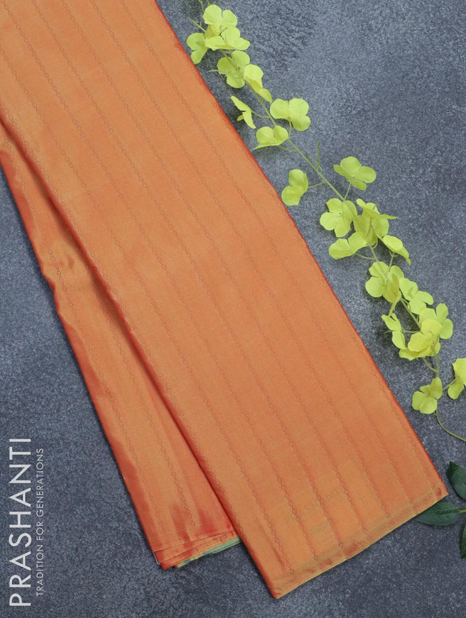 Arani semi silk saree dual shade of yellowish pink and dual shade of yellowish blue with allover copper zari weaves in borderless style - {{ collection.title }} by Prashanti Sarees