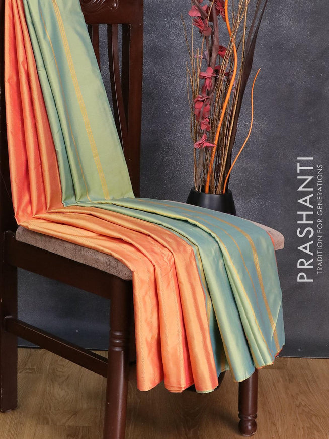 Arani semi silk saree dual shade of yellowish pink and dual shade of yellowish blue with allover copper zari weaves in borderless style - {{ collection.title }} by Prashanti Sarees