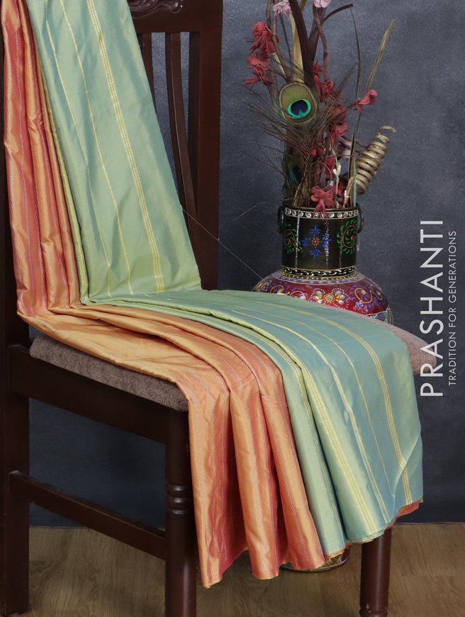 Arani semi silk saree dual shade of yellowish pink and dual shade of yellowish blue with allover silver zari weaves in borderless style - {{ collection.title }} by Prashanti Sarees