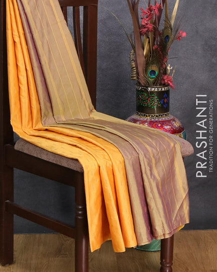 Arani semi silk saree mango yellow and dual shade of purple with copper zari woven butta weaves in borderless style - {{ collection.title }} by Prashanti Sarees