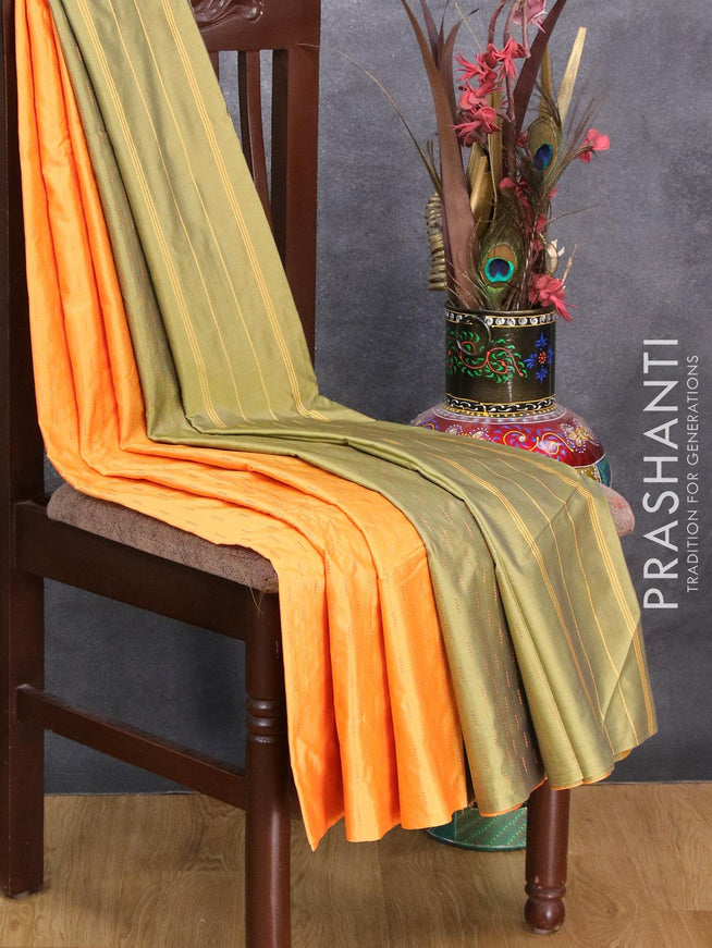 Arani semi silk saree mango yellow with copper zari woven butta weaves in borderless style - {{ collection.title }} by Prashanti Sarees