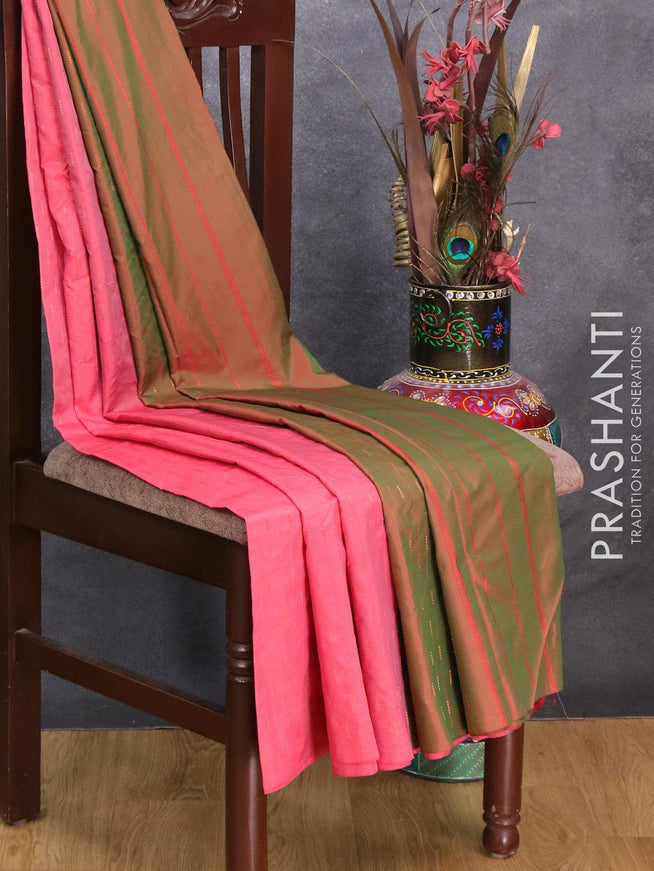 Arani semi silk saree pink shade and dual shade of green with copper zari woven butta weaves in borderless style - {{ collection.title }} by Prashanti Sarees