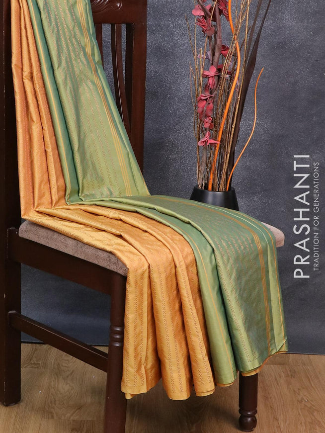 Arani semi silk saree yellow and dual shade of green with allover copper zari weaves in borderless style - {{ collection.title }} by Prashanti Sarees