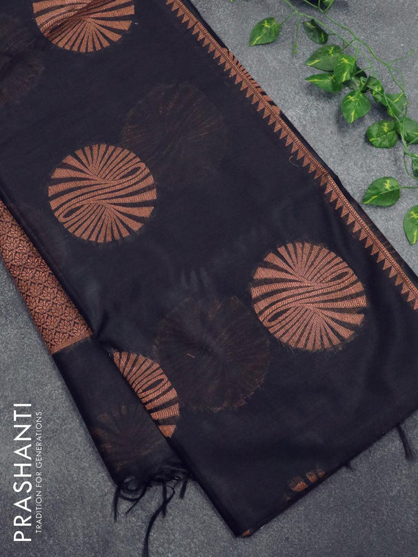 Banarasi cotton saree black with copper zari woven buttas and piping border - {{ collection.title }} by Prashanti Sarees