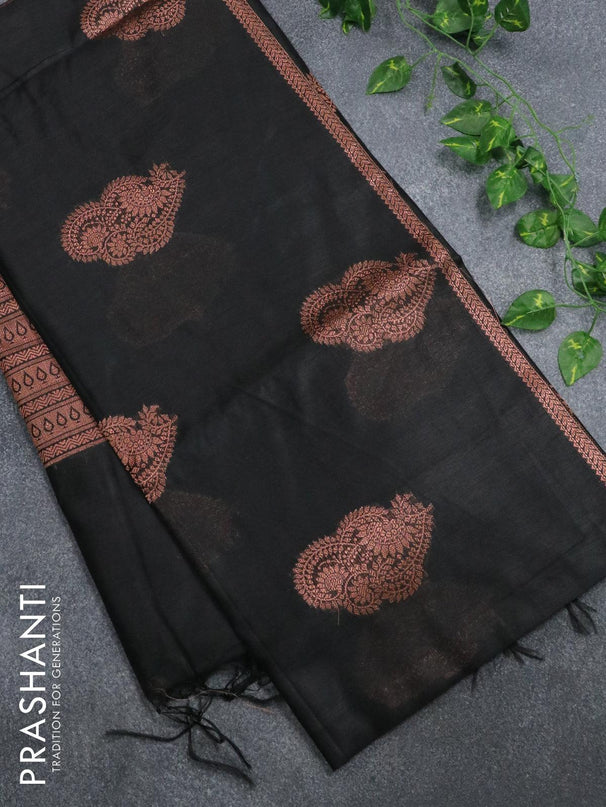 Banarasi cotton saree black with copper zari woven buttas and piping border - {{ collection.title }} by Prashanti Sarees