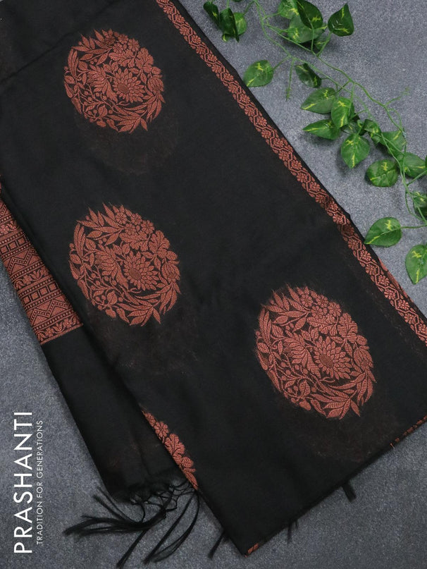 Banarasi cotton saree black with copper zari woven floral buttas and piping border - {{ collection.title }} by Prashanti Sarees