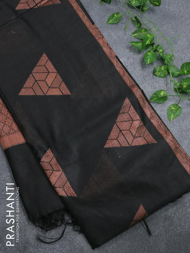 Banarasi cotton saree black with copper zari woven geometric buttas and piping border - {{ collection.title }} by Prashanti Sarees