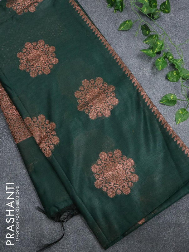 Banarasi cotton saree bottle green with copper zari woven buttas and piping border - {{ collection.title }} by Prashanti Sarees