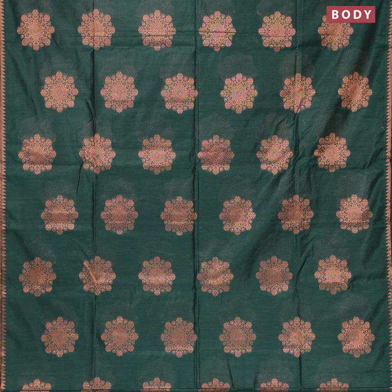 Banarasi cotton saree bottle green with copper zari woven buttas and piping border - {{ collection.title }} by Prashanti Sarees