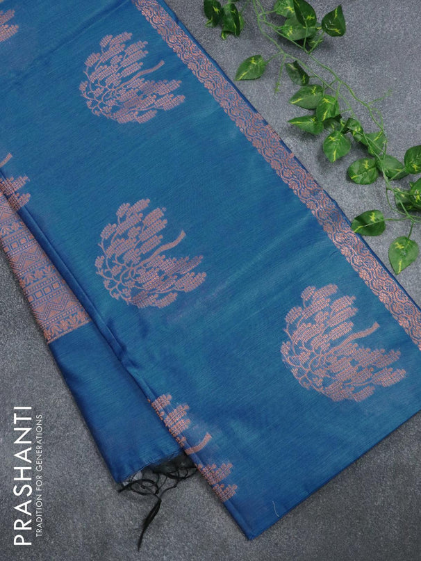 Banarasi cotton saree cs blue with copper zari woven buttas and piping border - {{ collection.title }} by Prashanti Sarees