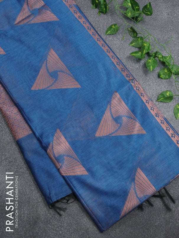 Banarasi cotton saree cs blue with copper zari woven buttas and piping border - {{ collection.title }} by Prashanti Sarees