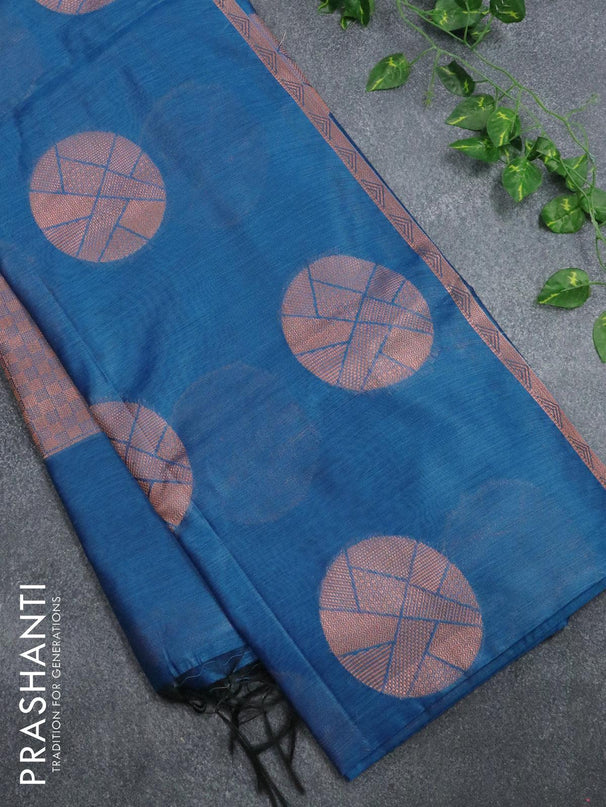 Banarasi cotton saree cs blue with copper zari woven buttas and piping border - {{ collection.title }} by Prashanti Sarees