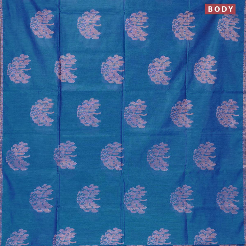 Banarasi cotton saree cs blue with copper zari woven buttas and piping border - {{ collection.title }} by Prashanti Sarees