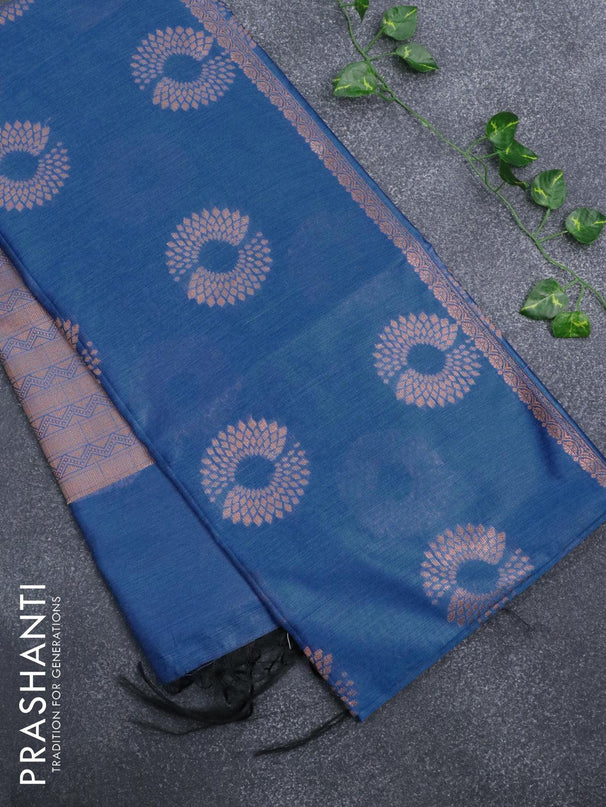 Banarasi cotton saree cs blue with copper zari woven floral buttas and piping border - {{ collection.title }} by Prashanti Sarees