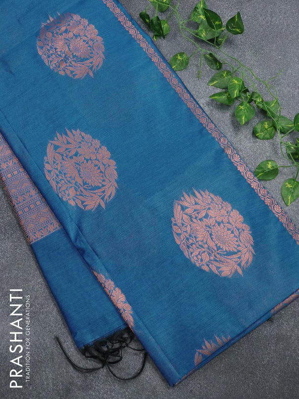 Banarasi cotton saree cs blue with copper zari woven floral buttas and piping border - {{ collection.title }} by Prashanti Sarees