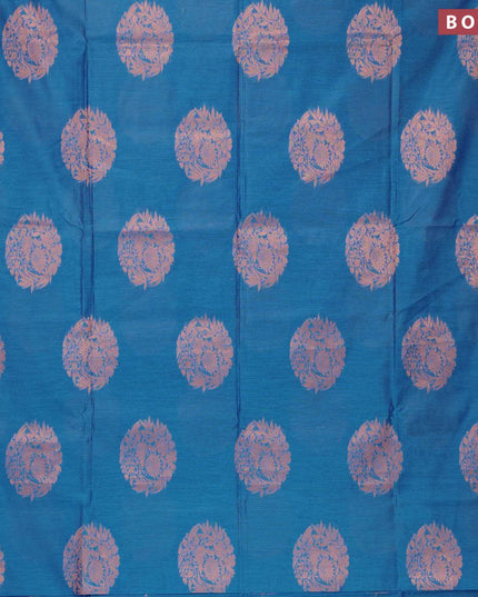 Banarasi cotton saree cs blue with copper zari woven floral buttas and piping border - {{ collection.title }} by Prashanti Sarees