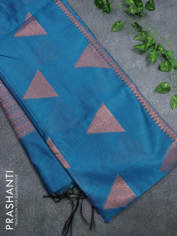 Banarasi cotton saree cs blue with copper zari woven geometric buttas and piping border - {{ collection.title }} by Prashanti Sarees