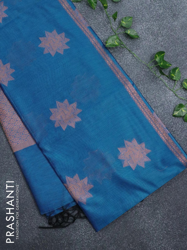 Banarasi cotton saree cs blue with copper zari woven geometric buttas and piping border - {{ collection.title }} by Prashanti Sarees