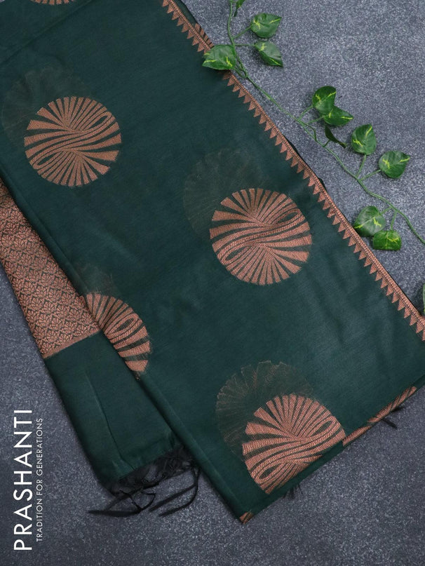 Banarasi cotton saree dark green with copper zari woven buttas and piping border - {{ collection.title }} by Prashanti Sarees