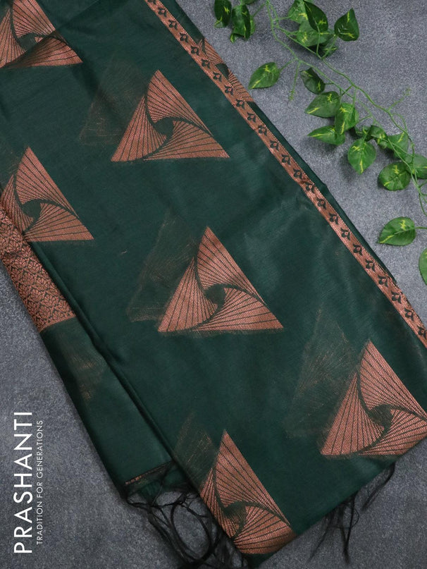 Banarasi cotton saree dark green with copper zari woven buttas and piping border - {{ collection.title }} by Prashanti Sarees