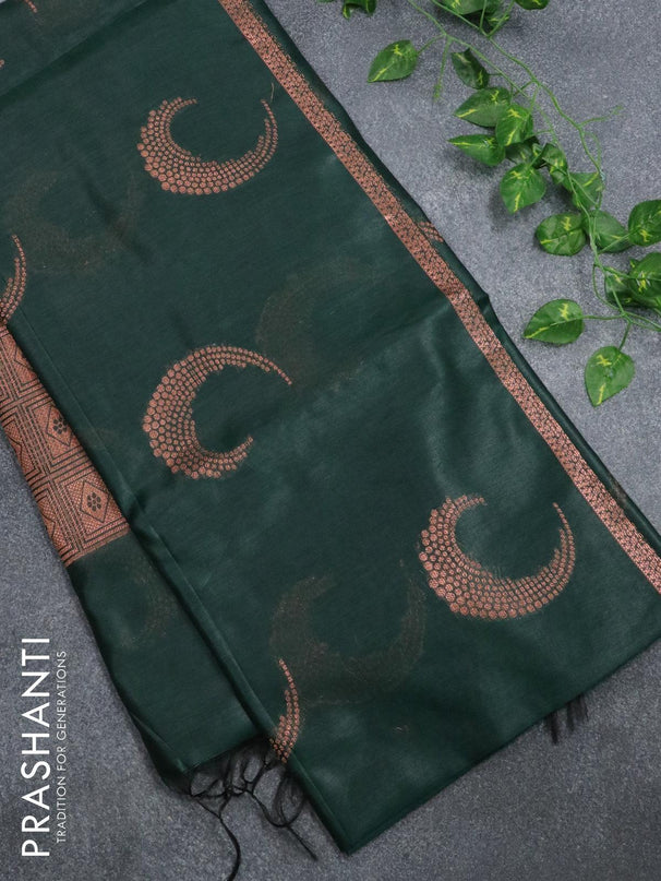 Banarasi cotton saree dark green with copper zari woven buttas and piping border - {{ collection.title }} by Prashanti Sarees