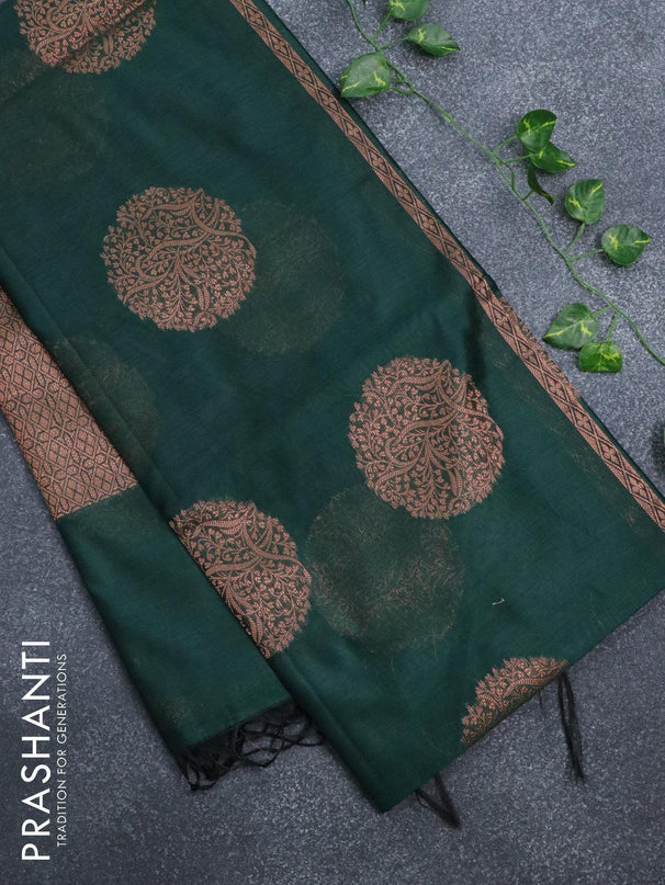 Banarasi cotton saree dark green with copper zari woven buttas and piping border - {{ collection.title }} by Prashanti Sarees