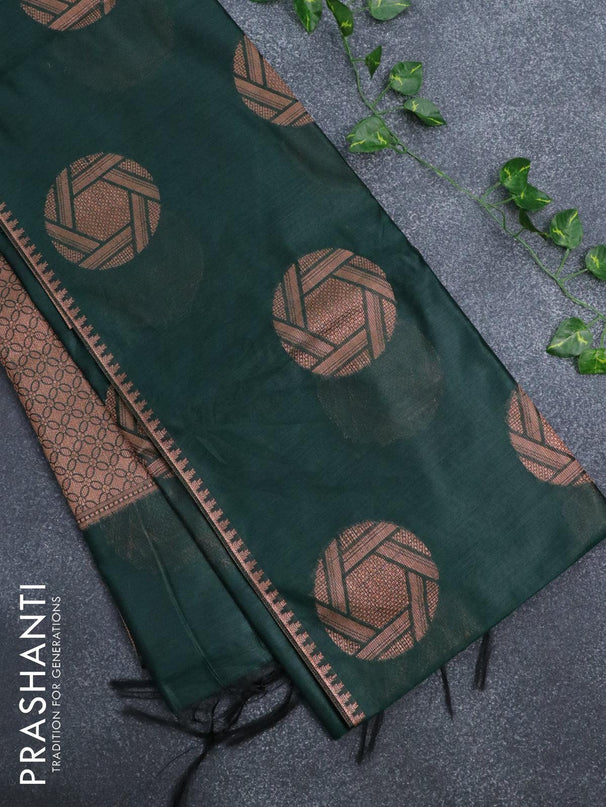 Banarasi cotton saree dark green with copper zari woven buttas and piping border - {{ collection.title }} by Prashanti Sarees