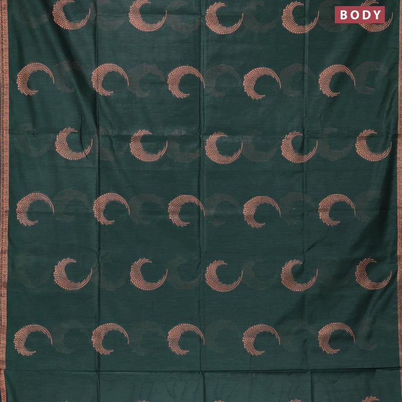 Banarasi cotton saree dark green with copper zari woven buttas and piping border - {{ collection.title }} by Prashanti Sarees