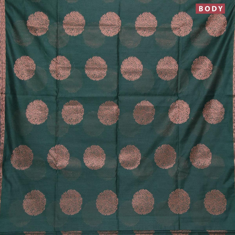 Banarasi cotton saree dark green with copper zari woven buttas and piping border - {{ collection.title }} by Prashanti Sarees