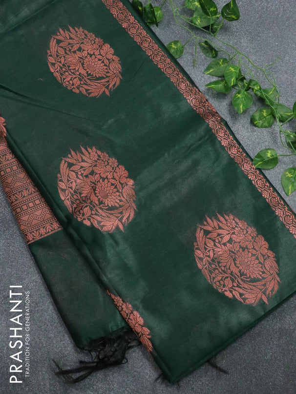 Banarasi cotton saree dark green with copper zari woven floral buttas and piping border - {{ collection.title }} by Prashanti Sarees