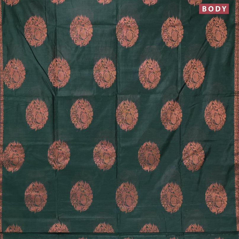 Banarasi cotton saree dark green with copper zari woven floral buttas and piping border - {{ collection.title }} by Prashanti Sarees